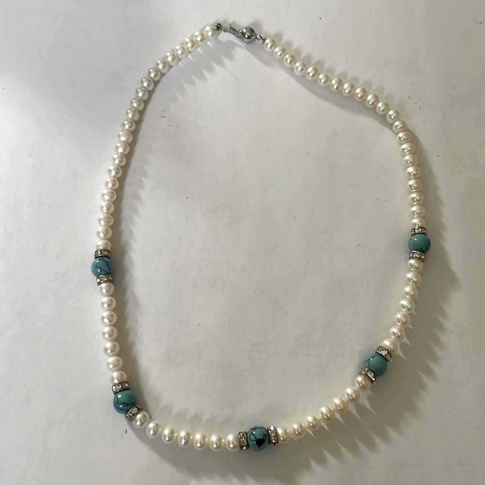 Vintage Pearl, Faux-Turquoise & Rhinestone Beaded Necklace